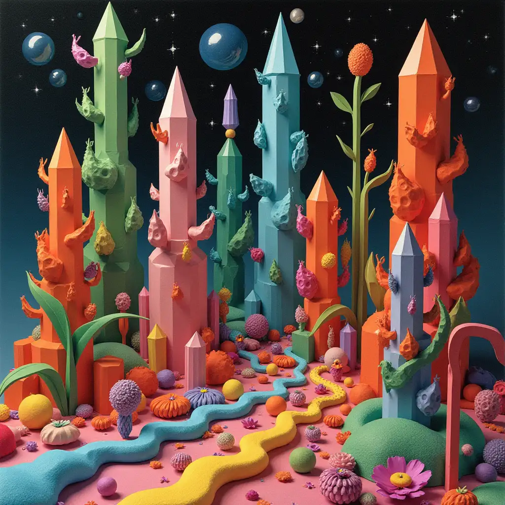 Mystical, psychedelic 1970s record album cover art for an experimental electronic music album featuring a psychedelic composition with origami crystals and plant-like people made of felt, entitled “Cosmoflora”