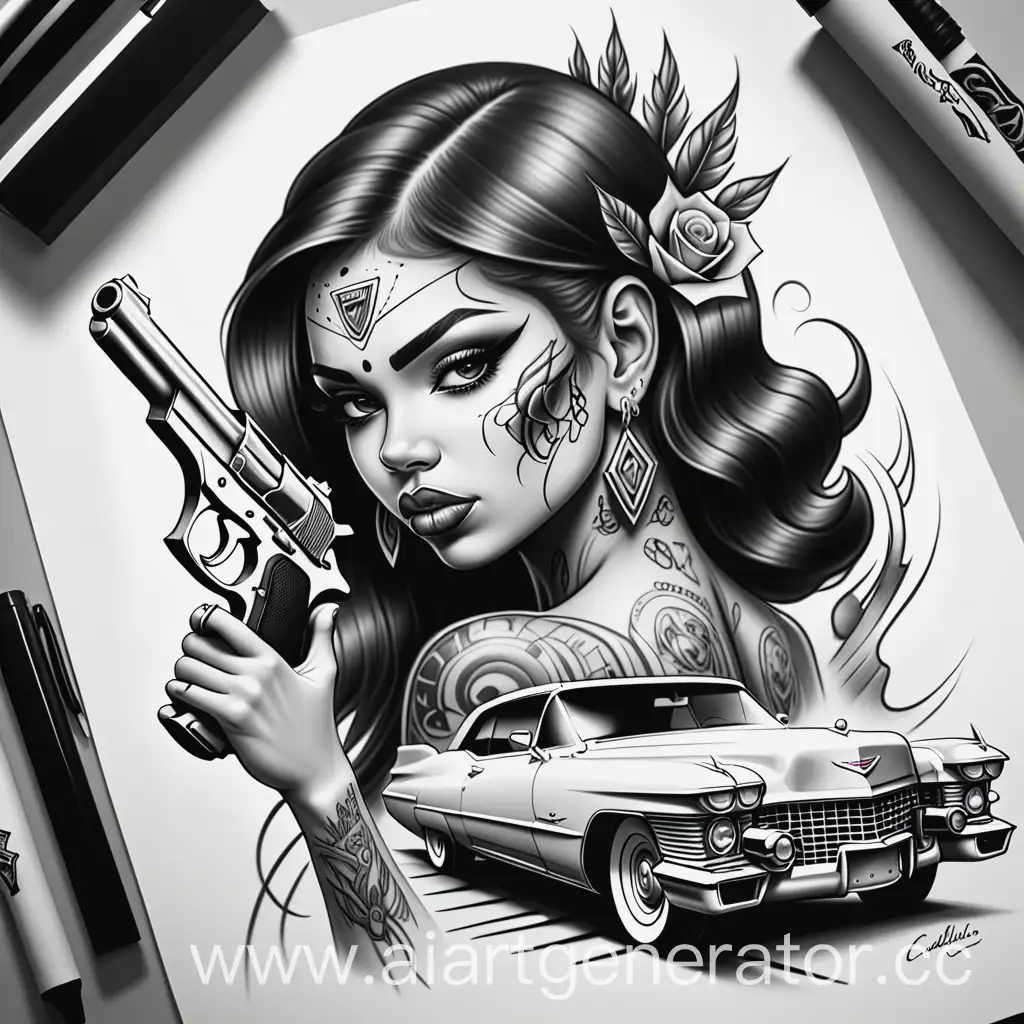 tattoo sketch in Chicano style with the image of a girl, a car Cadillac and a gun, sketch in black and white