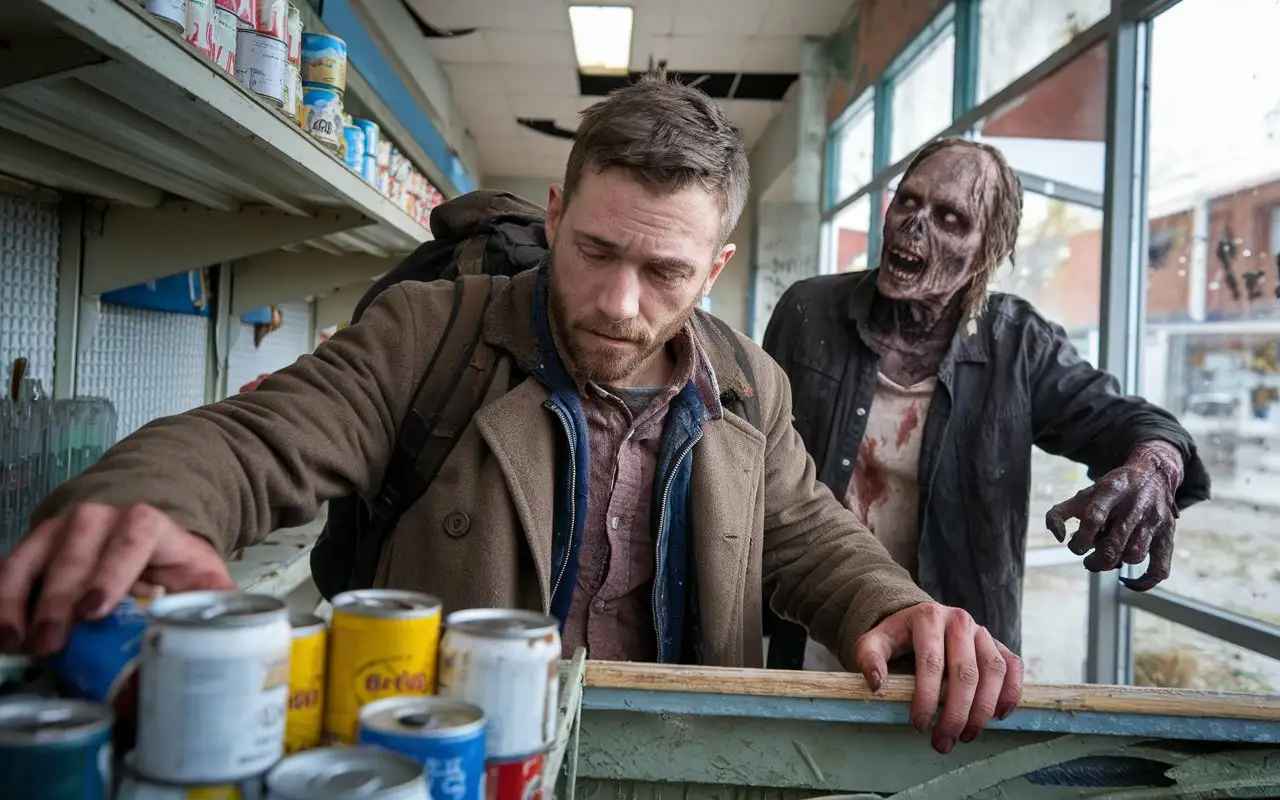 A detailed description of the scene in which a man is in an abandoned store, he is looking for supplies, suddenly he stumbles upon a zombie
The man looks tired, as if he recently ran away from someone, the zombie looks terribly rotten with a terrible row of sharp teeth, with claw-like With one-centimeter fingernails, dressed in torn worn-out clothes, In the action scene, a zombie grabs and hold body a man With both hands, while trying to knock a man down, the scene is photorealistic, like in The Walking Dead. 