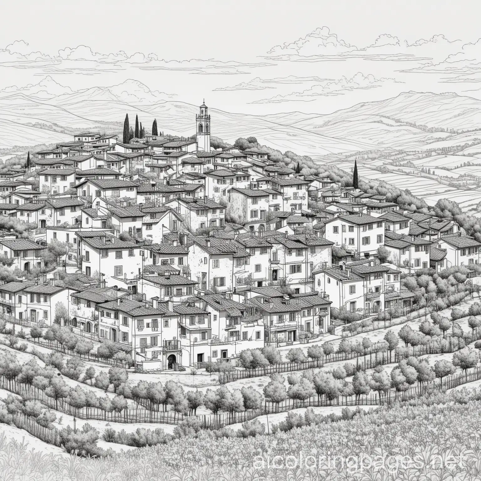 Tuscan-Village-Coloring-Page-with-Terracotta-Roofs-and-Line-Art