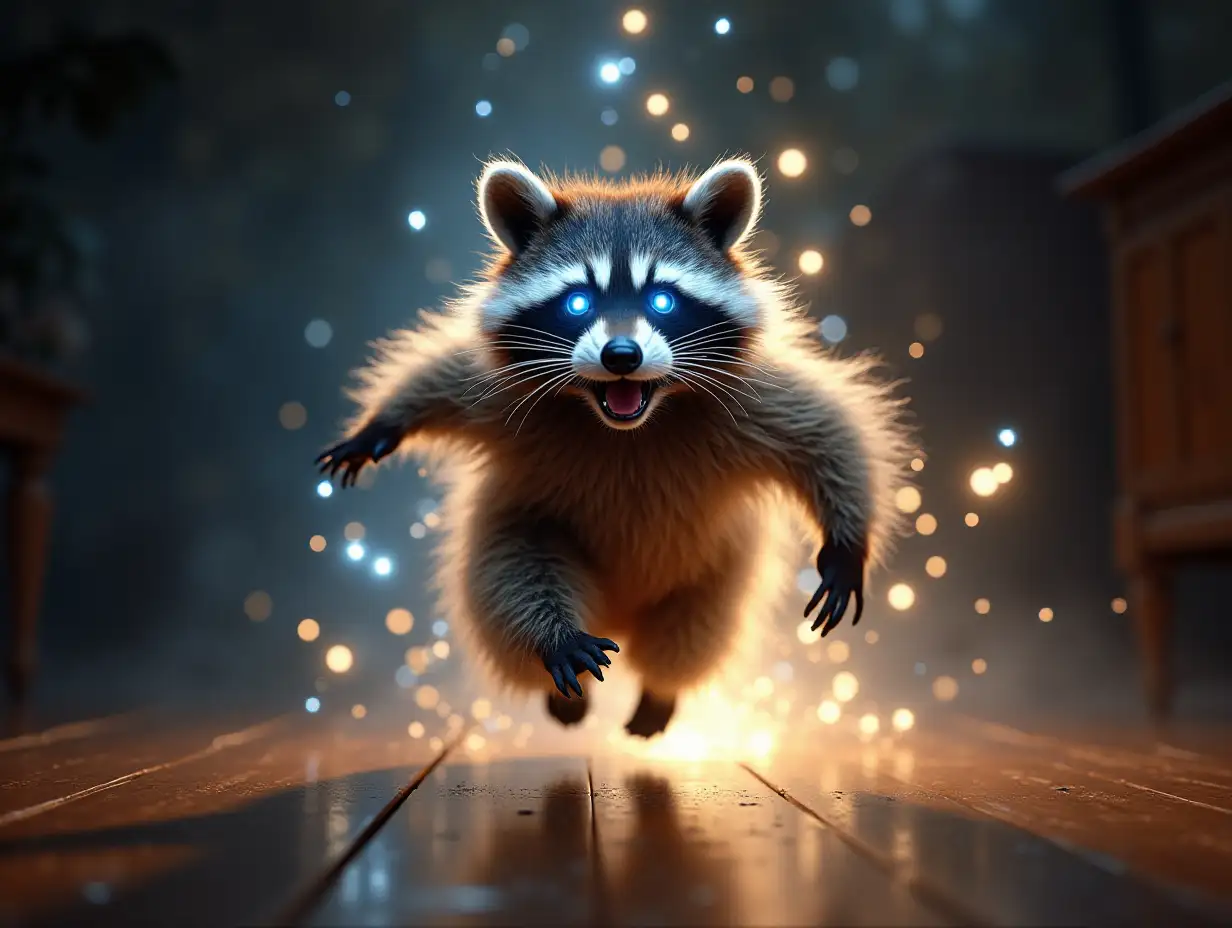 The raccoon on the screen, running quickly toward the camera, white electric light coming out of his eyes, and then his whole body is surrounded by electric light, running faster and faster, Raccoon climbs onto the table and dances cheerfully 'squat Russian folk dances'