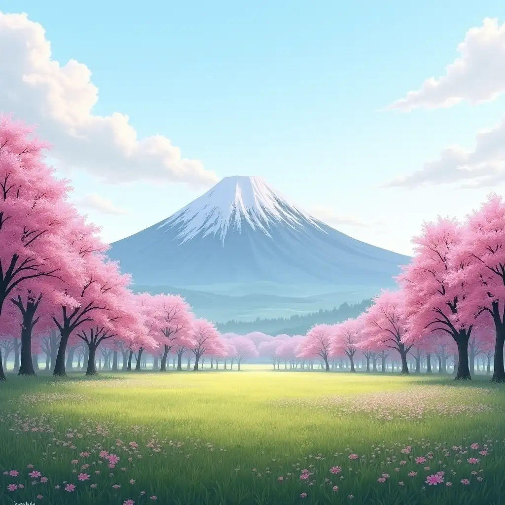 This landscape shows a wide place with flat terrain and many trees. Despite this it has views to a giant mountain located in Japan. [...] THE TREES ARE PINK, THEY ARE BEAUTIFUL AND THE GRASS IS A LITTLE GREEN (JUST A LITTLE)