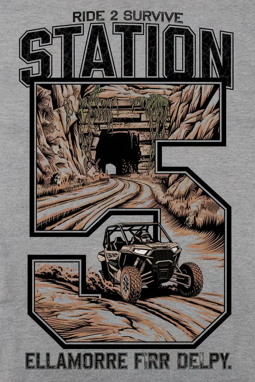 A bold, aggressive T-shirt design featuring ‘STATION 5’ as the dominant element, with the rugged Appalachian mountain scene and Polaris RZR seamlessly integrated inside the large blocky letters. The RZR kicks up a dramatic mud splash as it speeds down a rough dirt road, leading toward an abandoned tunnel entrance embedded in the mountainside, overgrown with vines and surrounded by jagged rocks. The words ‘Ride 2 Survive’ and ‘Ellamore Fire Dept.’ are placed above and below the main lettering in a strong, distressed font. The design is spot color, using sharp, high-contrast elements on a grey background, optimized for screen printing, with an aggressive and high-energy aesthetic.