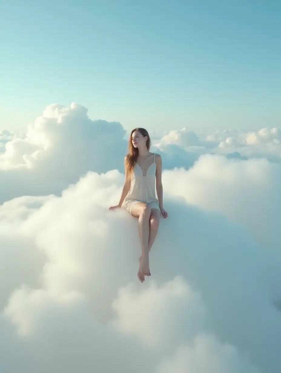 Young woman sits gracefully on a fluffy white cloud as the camera gently orbits around her, with a serene sky filled with slowly drifting clouds in the background