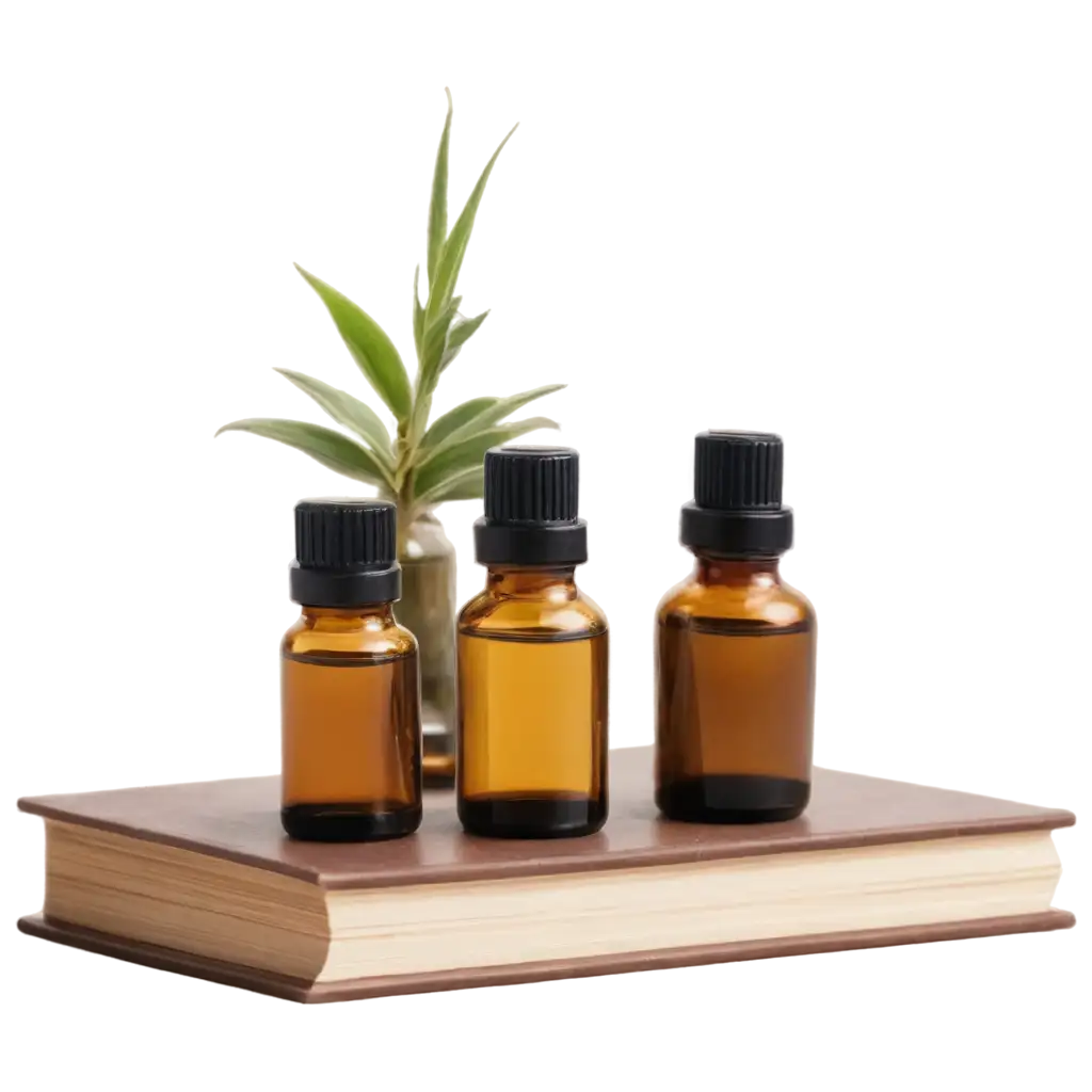 photo-like image of 3 brown glass bottles of essential oils sitting next to one another, on top of a closed book next to pot plant. make the plant slightly taller than oil bottles - in soft day light and keep all the colours neutral, soft and earthy