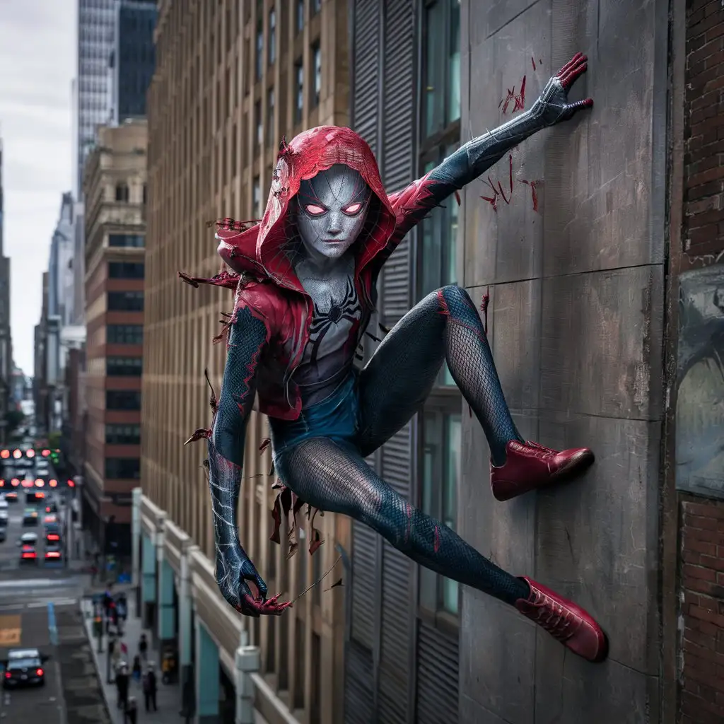 Teen Spider Girl Climbing Building with Torn Costume
