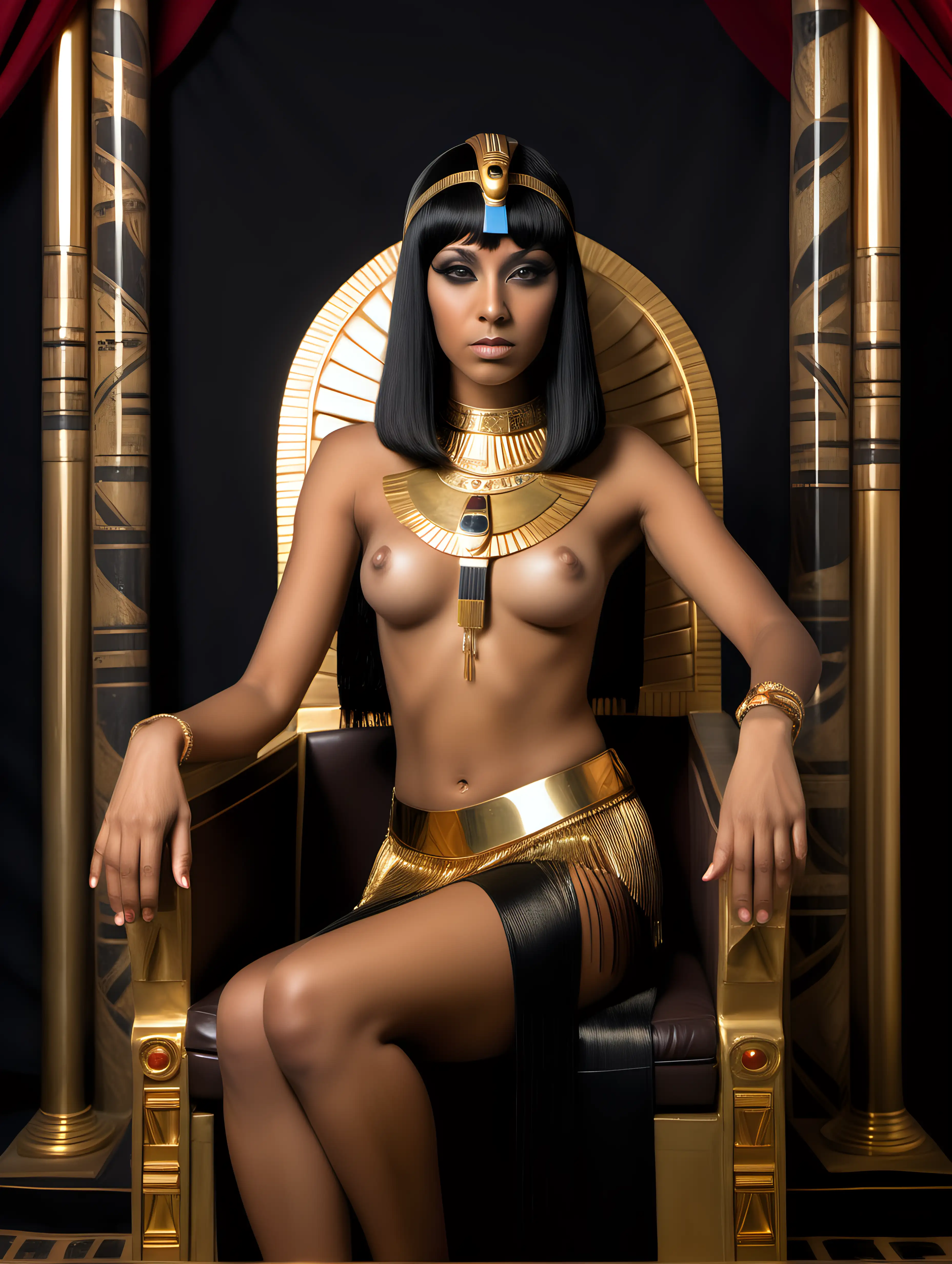 a portret of a topless beautiful tanned young queen cleopatra with black straight wig with fringe, hazel eyes and medium brown skin and black Egyptian make-up, only wearing topless long gold skirt and Egyptian jewels and necklace, sitting on her throne, looking serious, hyperrealistic, front view(full body)