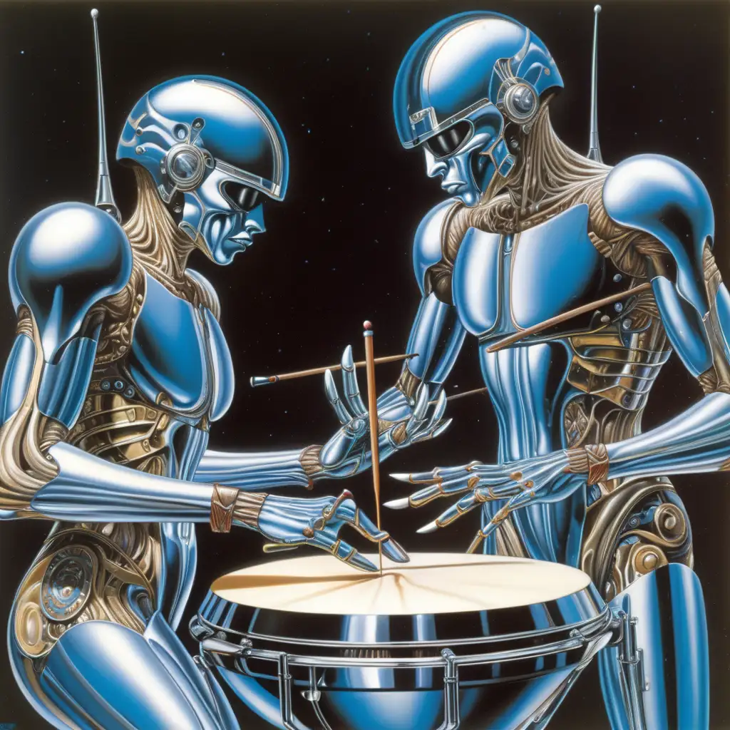 1970s Airbrush SciFi Art Ancient Tribal Biomechanoids Playing Futuristic Percussion Instruments