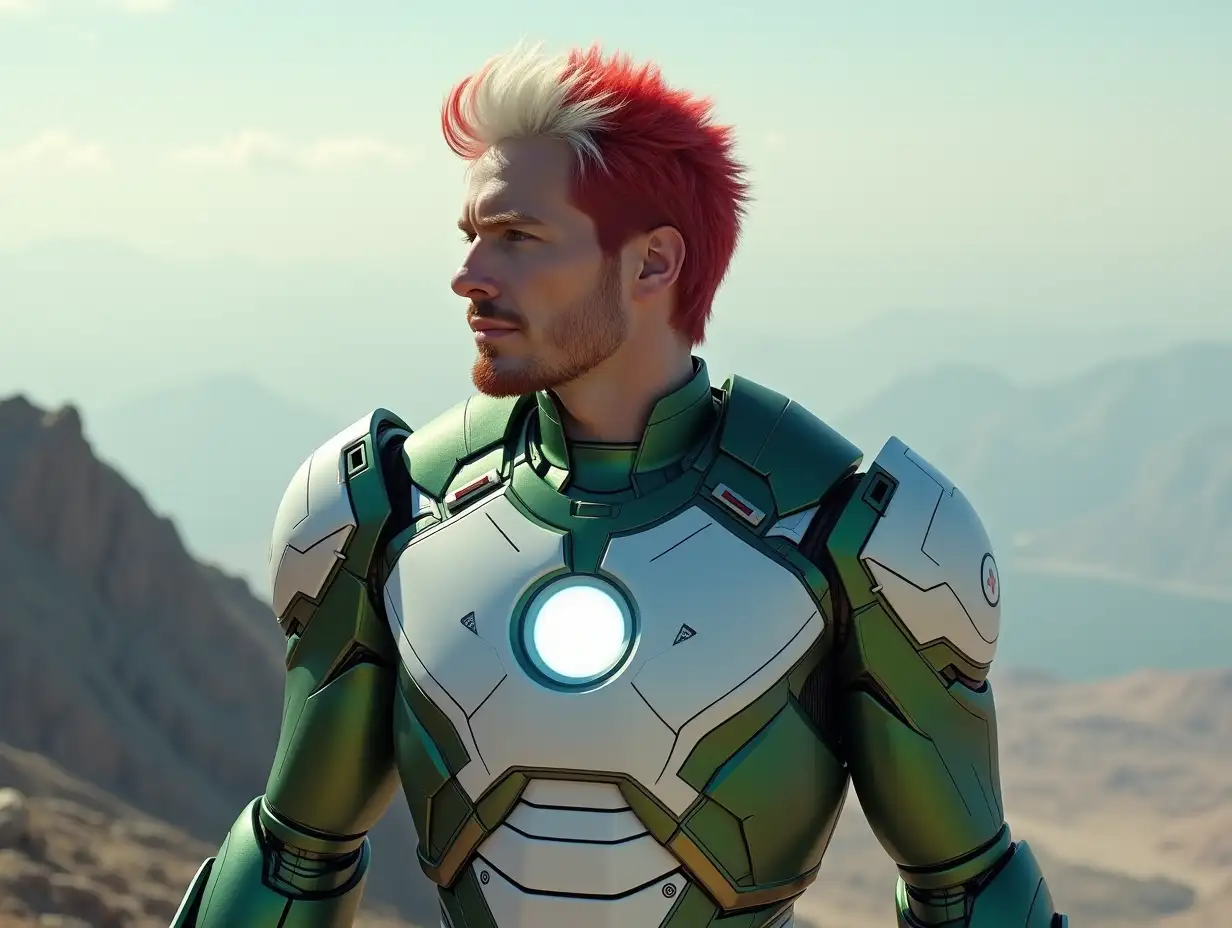 IronMan with red and white hair portrait and green with white costume in 8k resolution on a mountain on a foreign planet