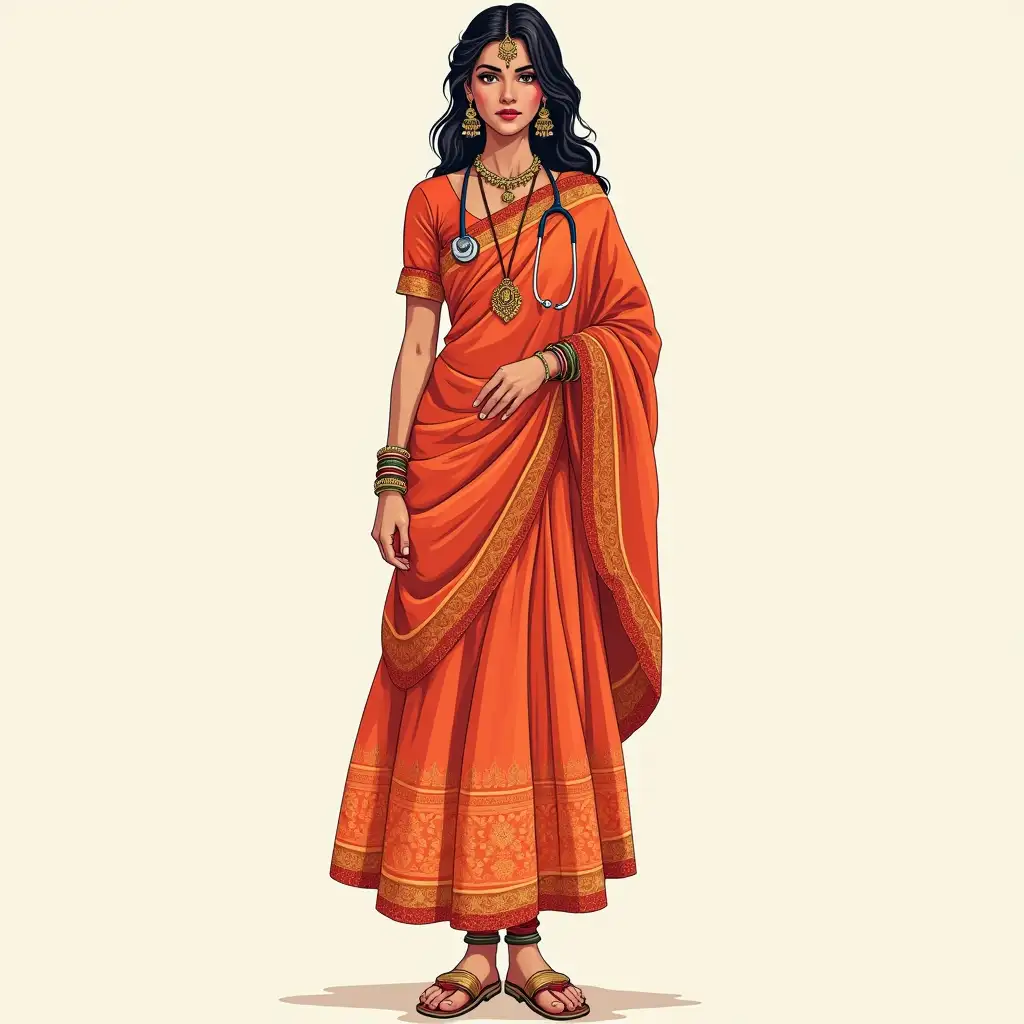 Create a full body illustration showing Rajasthani women who is wearing rajputi dress with her rajputi jewellery and wearing mojadi on her feet and her features looks beautiful, attractive, bold classy and subtle and on poshak she should wear doctor coat and a stethoscope create illustrations little realistic