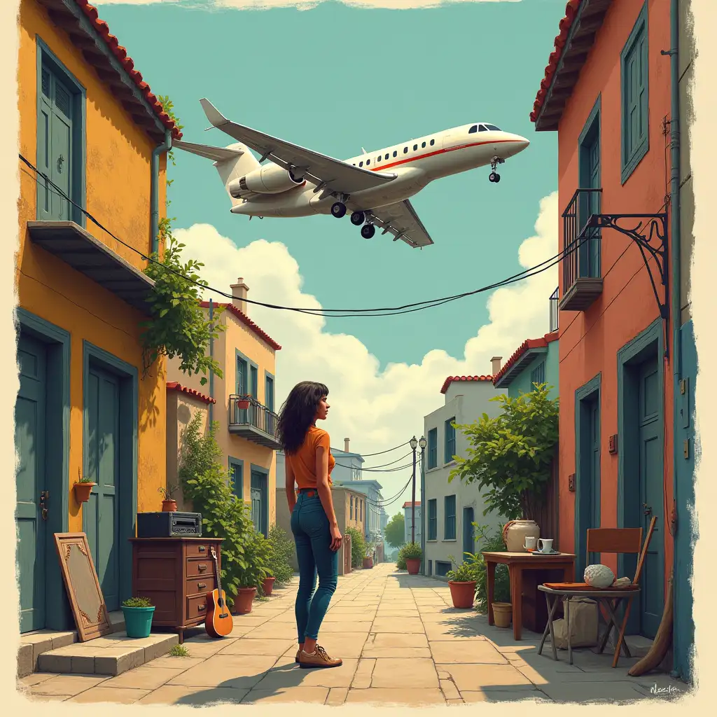 Draw a striking, thought-provoking image contrasting the luxurious lifestyle of the wealthy with the humble, everyday life of the working class. Central figure: A female in a simple, everyday setting (e.g., a small apartment, a workshop, or a street). Contrasting background: A private jet flying in the background, symbolizing the disparity between the two worlds. Color palette: Muted, earthy tones for the central figure and setting, with bold, vibrant colors for the luxurious background, highlighting the contrast. Lighting: Soft, natural light for the central figure, with harsh, artificial light for the luxurious background, emphasizing the difference. Symbolism: Incorporate symbols of authenticity, humility, and hard work (e.g., a guitar, a toolbox, or a book) to represent the working-class perspective. Mood and Atmosphere: The image should evoke a sense of introspection, self-awareness, and empathy, inviting the listener to reflect on their own values and priorities.