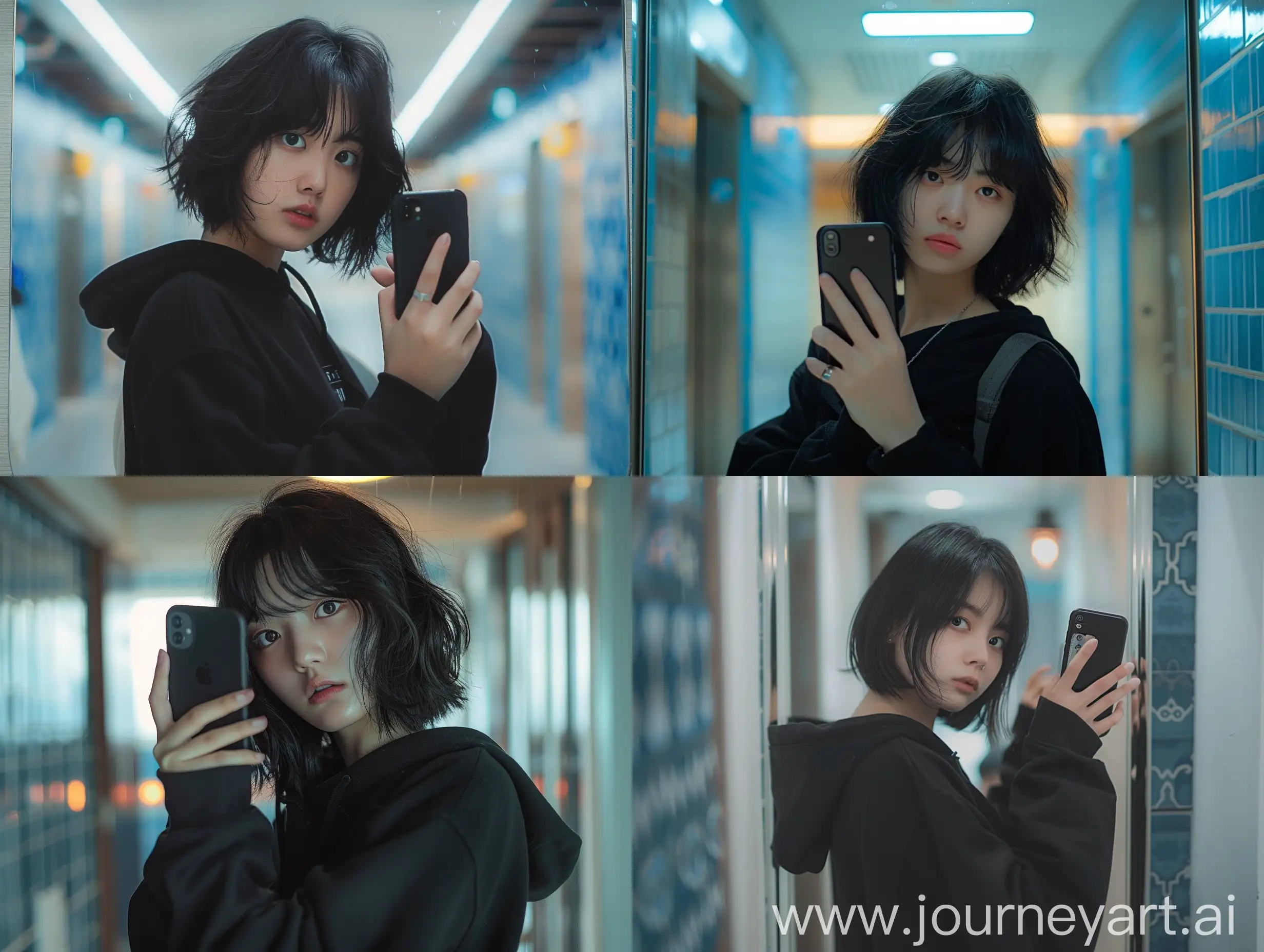 Young-Korean-Woman-Taking-Selfie-in-Dark-Top-and-Black-Hoodie