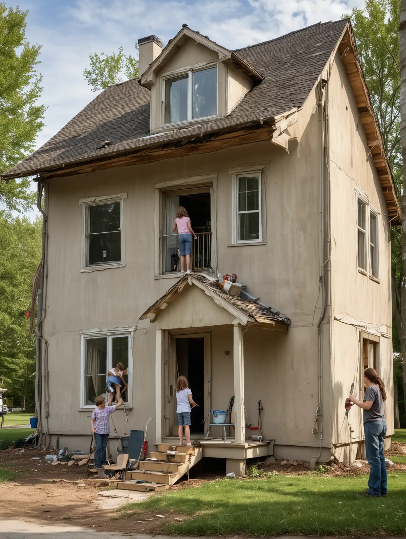 giant tween girl fixing house while little old men watch