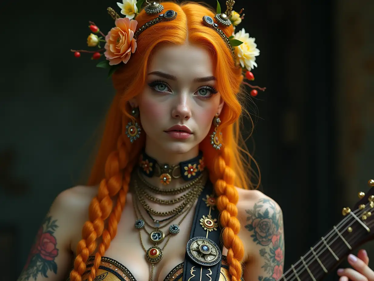 user_prompt: Hyperrealistic representation of a beautiful white woman with a -tattoo, futuristic long orange-yellow braided hair and laced boots, holding E-guitar flowers and wearing elaborately detailed, colorful and futuristic jewelry. Background blurred, black 120-mm shot Steampunk