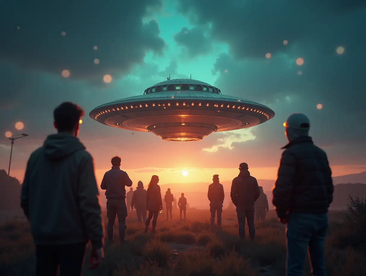 Create photo of people looking at flying saucer