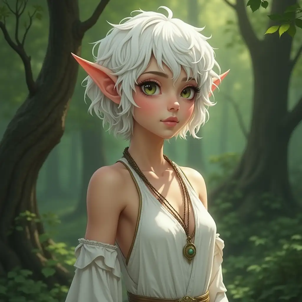 Elf girl, realistic style, pointed ears, short white curly hair, dressed in a white chiton, In full growth, forest