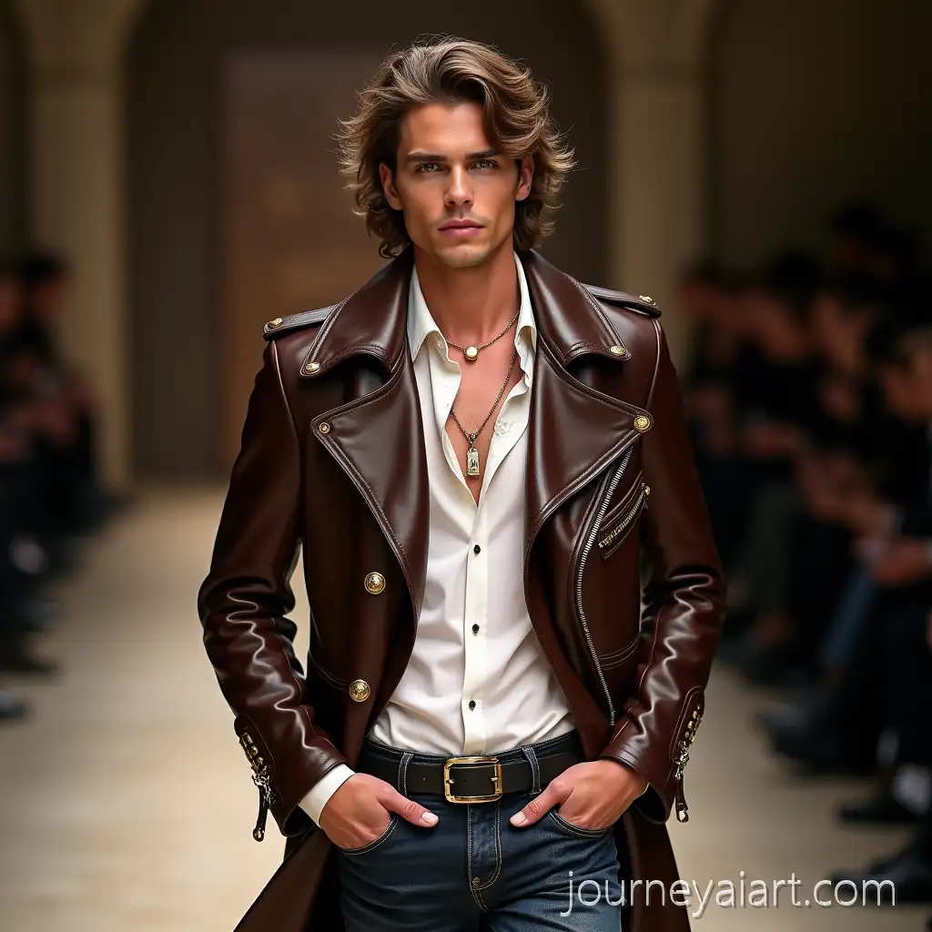 Tall-Handsome-Male-Model-in-Brown-Leather-Runway-Coat-and-Designer-Denim-Outfit-with-Jewelry-and-CARLOS-CORDOVA-Background