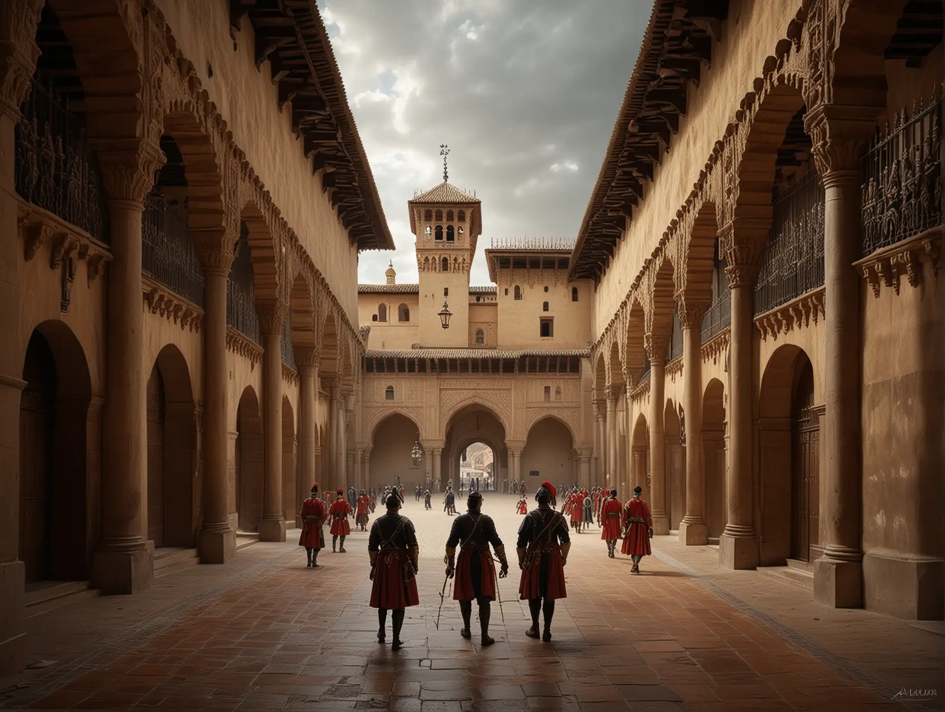 17th-Century-Palacio-de-la-Aljafera-with-Guards-and-People