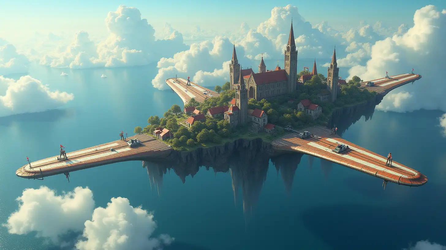 Aerial View of a Majestic Floating City with Enormous Wings