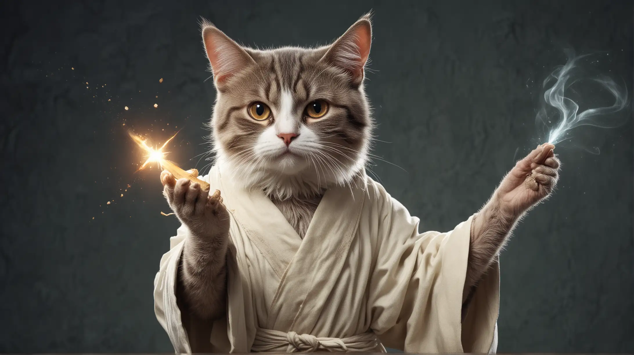 Magician Cat in Robe with Frightened Look and Magical Cross