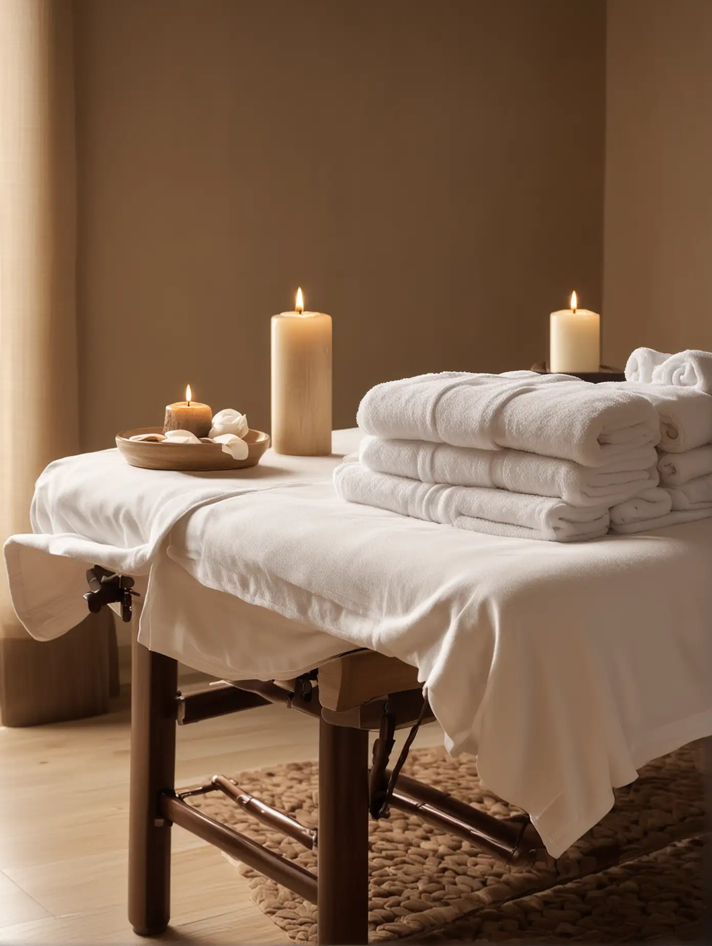 Close up shot of massage table with towels in a luxury spa. Clean, elegant and sophisticated. Asian inspired style.