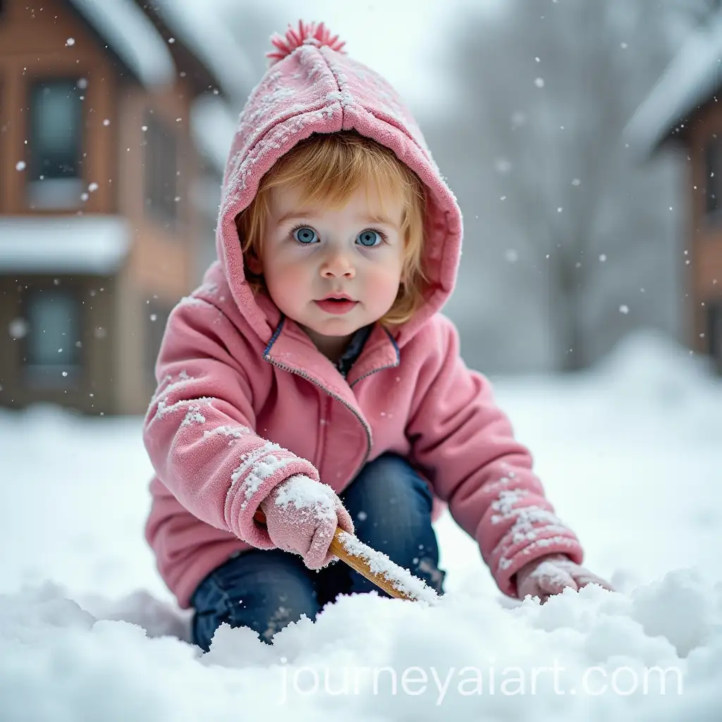 Little-Baby-Girl-Shoveling-Snow-in-Courtyard-with-Blue-Eyes-and-Blond-Hair