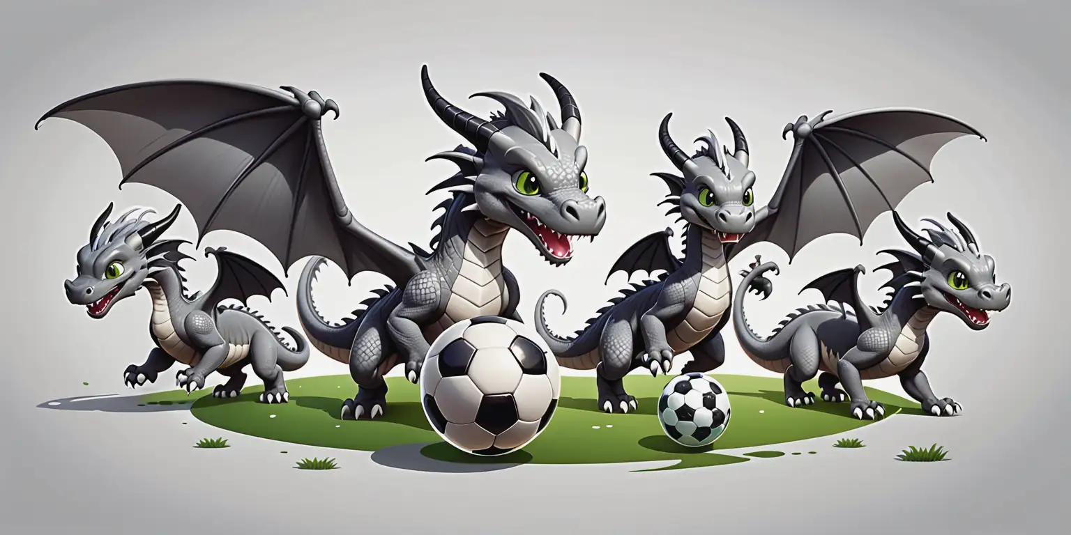 Cartoon Grey Dragons Playing Soccer with a Ball