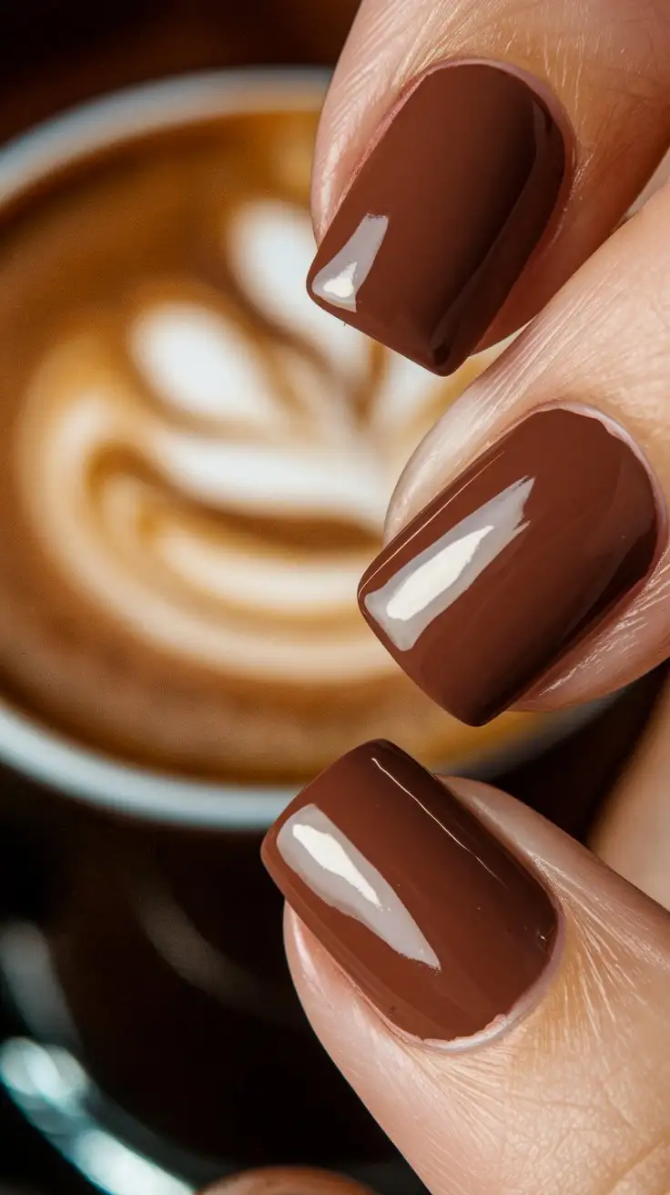 Macro-Shot-of-SquareShaped-Mocha-Brown-Nails-with-Steaming-Mocha-Coffee