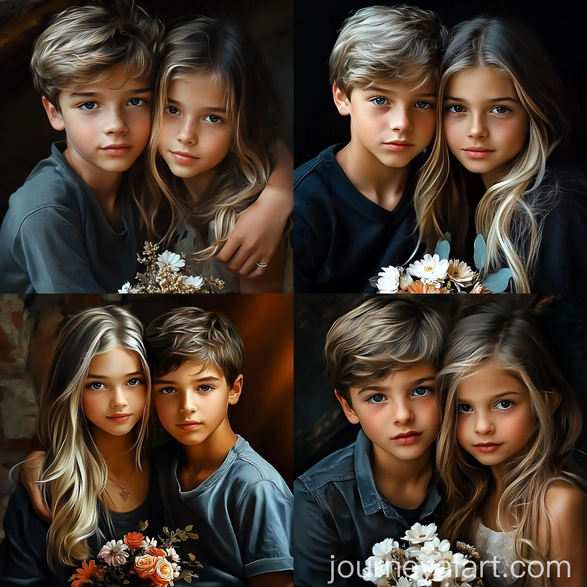 Teenage-Boy-with-Blonde-Hair-and-Girl-Holding-Bouquet-of-Flowers