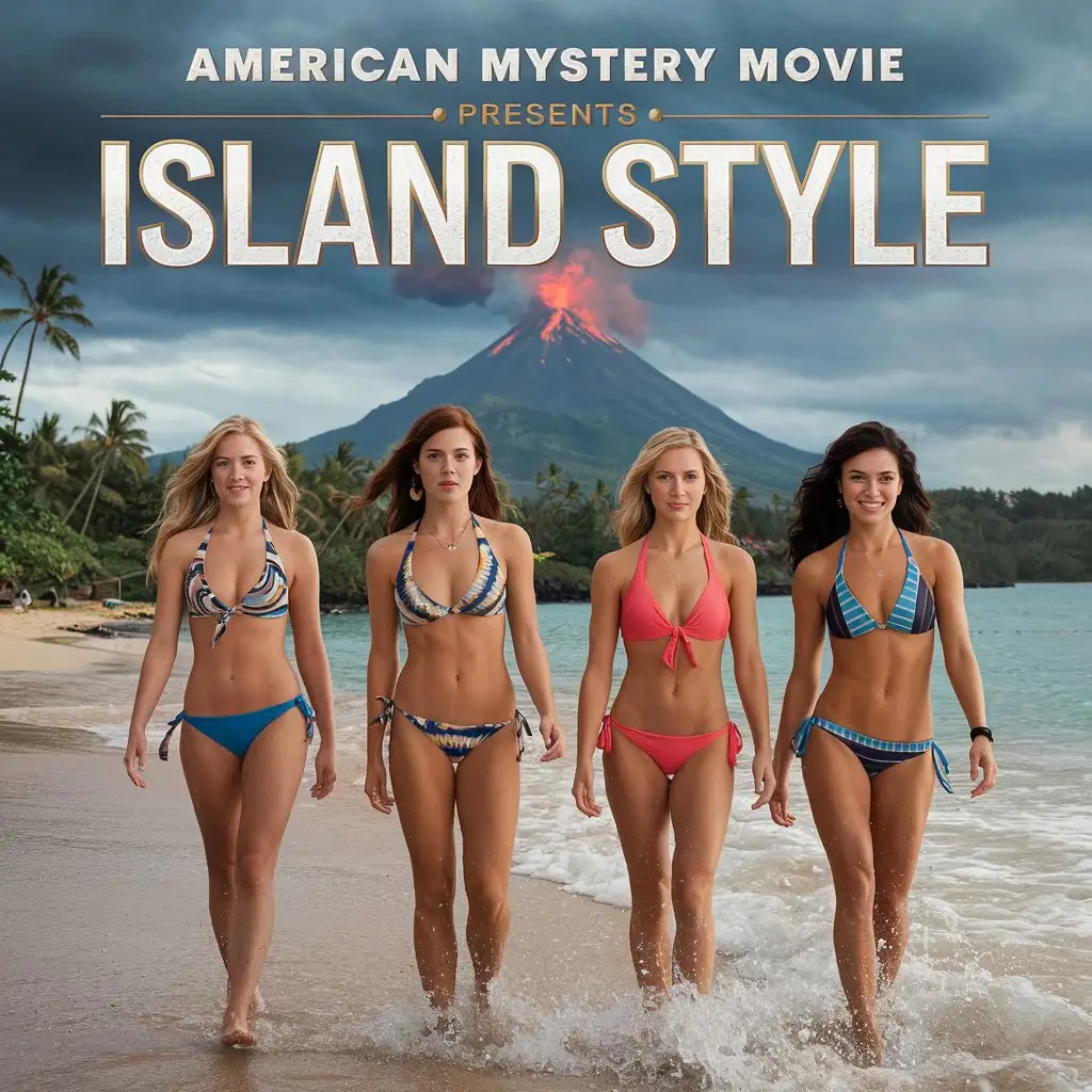 American-Mystery-Movie-Poster-Featuring-Four-Girls-in-Bikinis-Walking-on-a-Beach-with-a-Volcano