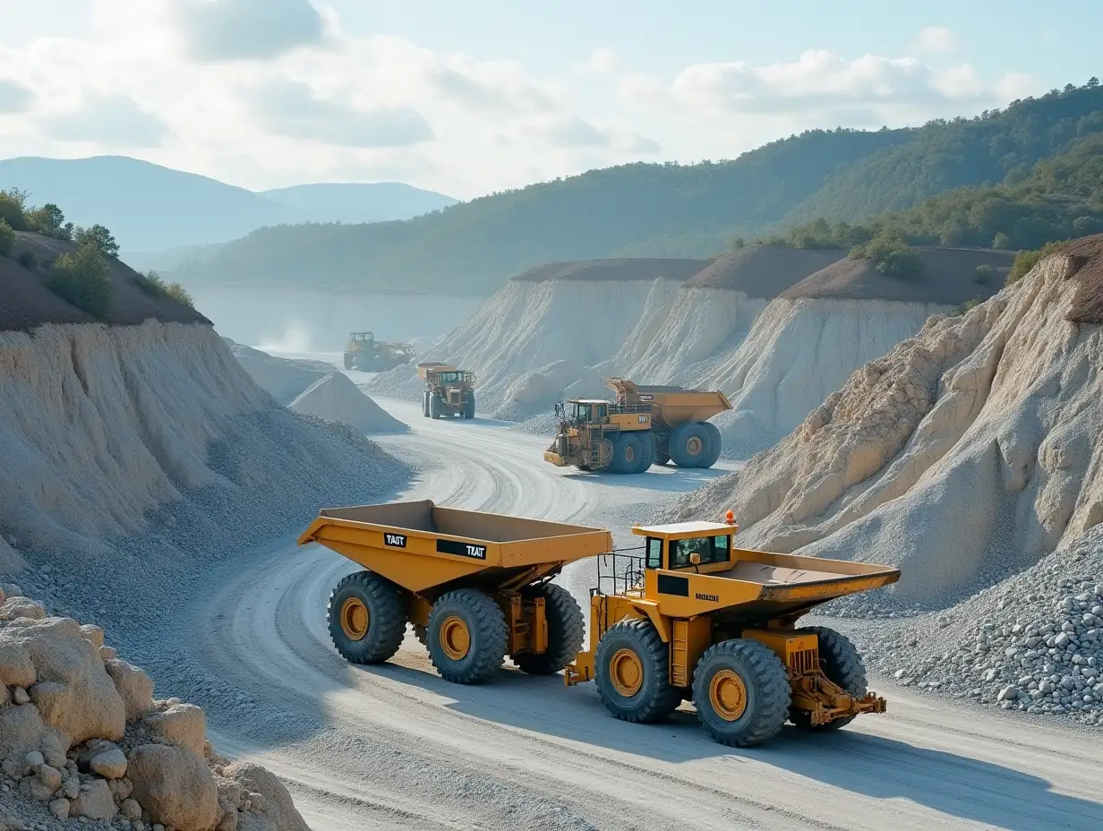 Crushing plant, mining trucks and loaders working at stone quarry, industrial landscape