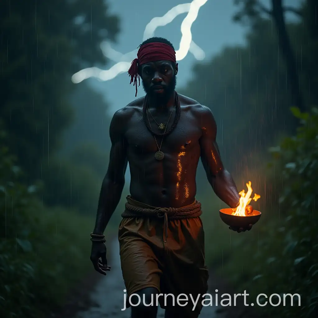 Empowered-African-Man-Walking-Through-Forest-in-Heavy-Rain-with-Glowing-GrisGris