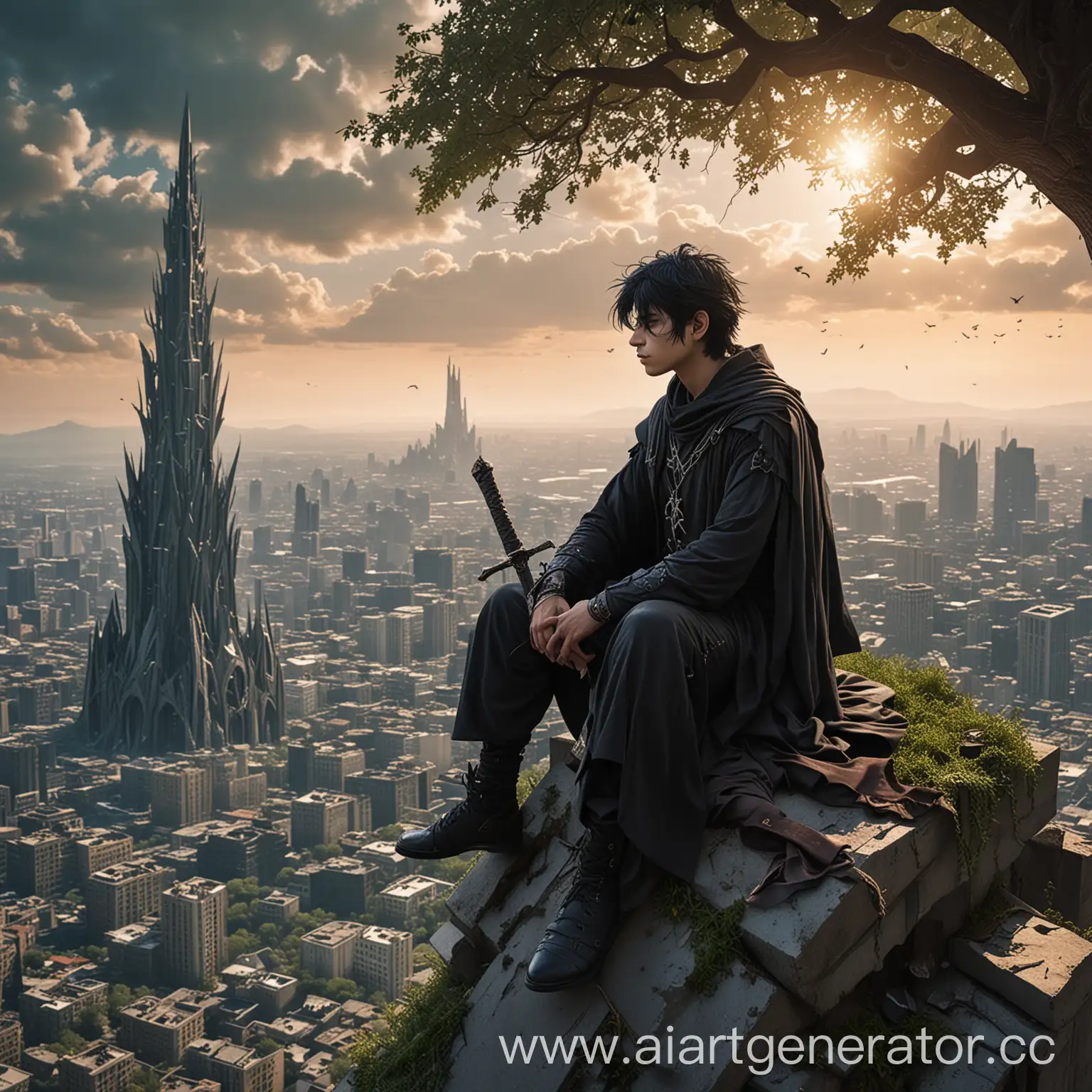 Male-Wizard-Sitting-on-Skyscraper-Roof-with-Sword-in-Ruined-Cityscape