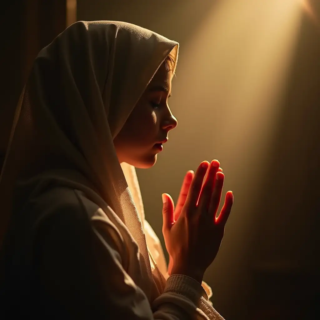 A beautiful veiled girl prays with her hands while the light shines around her 