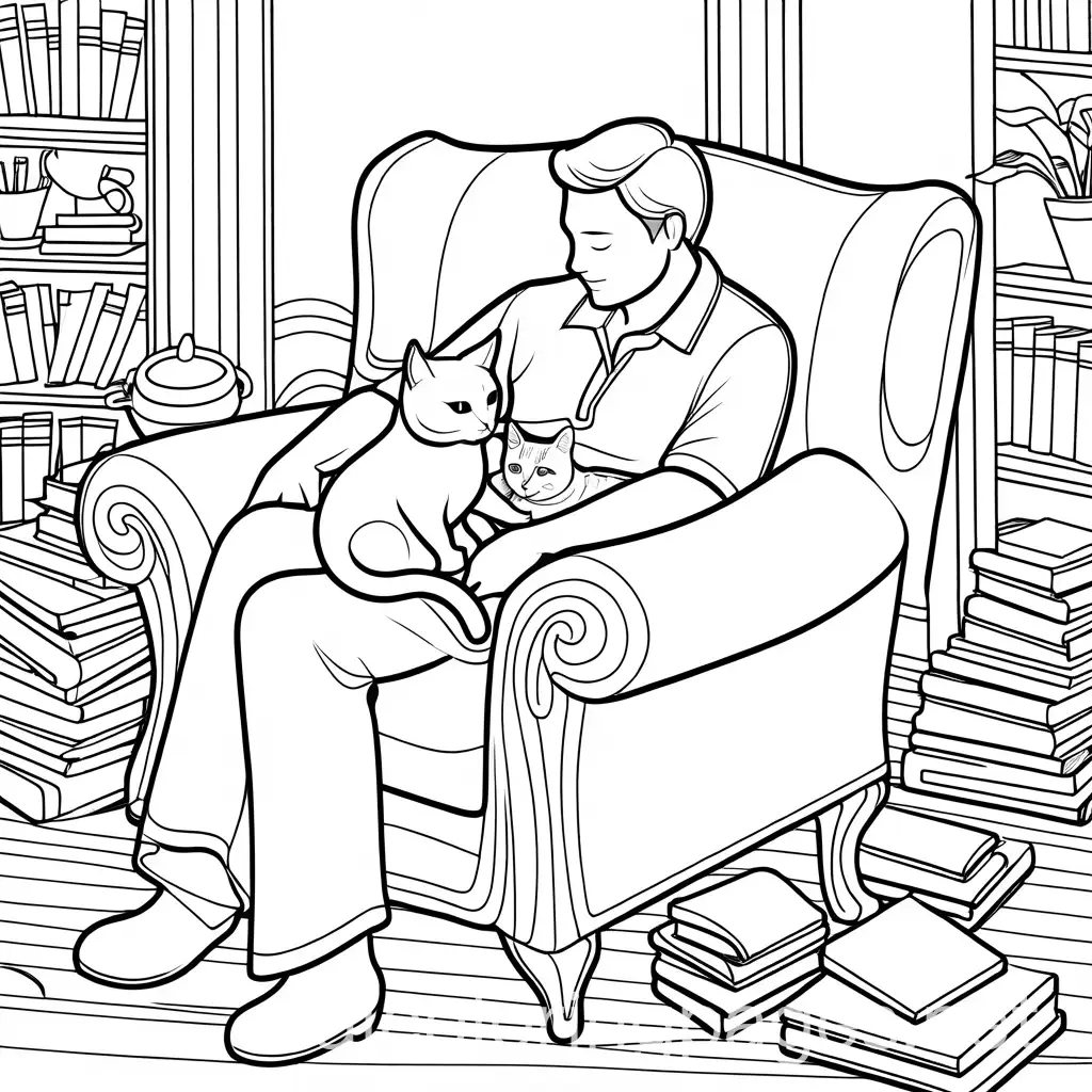 create a hand drawn coloring book illustration of a cat curled up on human mans lap by fire, Coloring Page, black and white, line art, white background, Simplicity, Ample White Space. The background of the coloring page is plain white to make it easy for young children to color within the lines. The outlines of all the subjects are easy to distinguish, making it simple for kids to color without too much difficulty