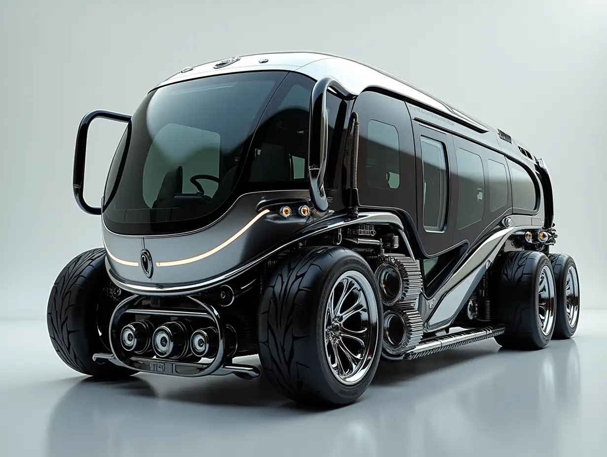 Supermodern utopian sports bus with gears, aluminum wheels, wide tires, black and white ,and silver colors,utopian, silver-black striped, chrome-Rims, Cyberpunk