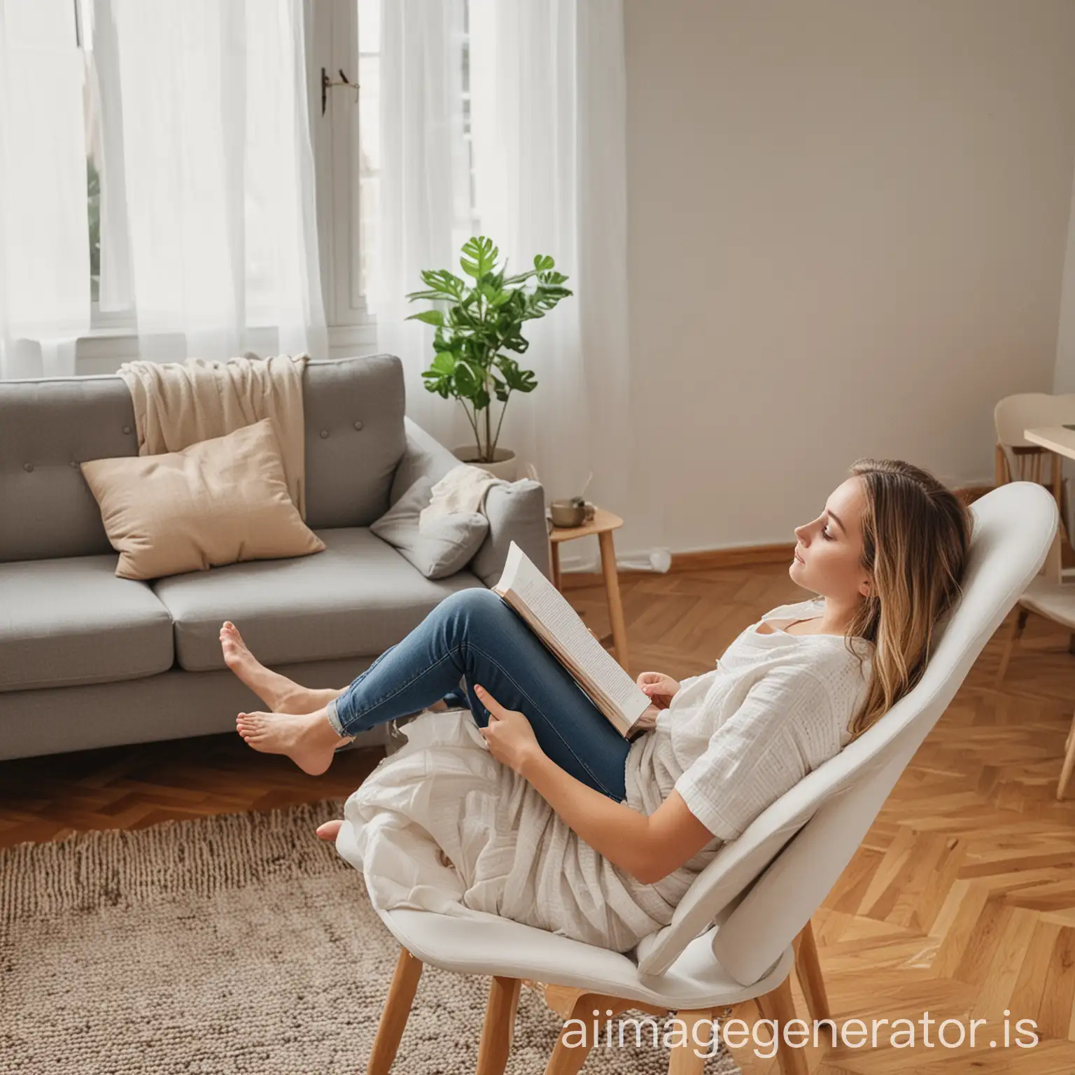 Woman lying on a chair reading in the living room