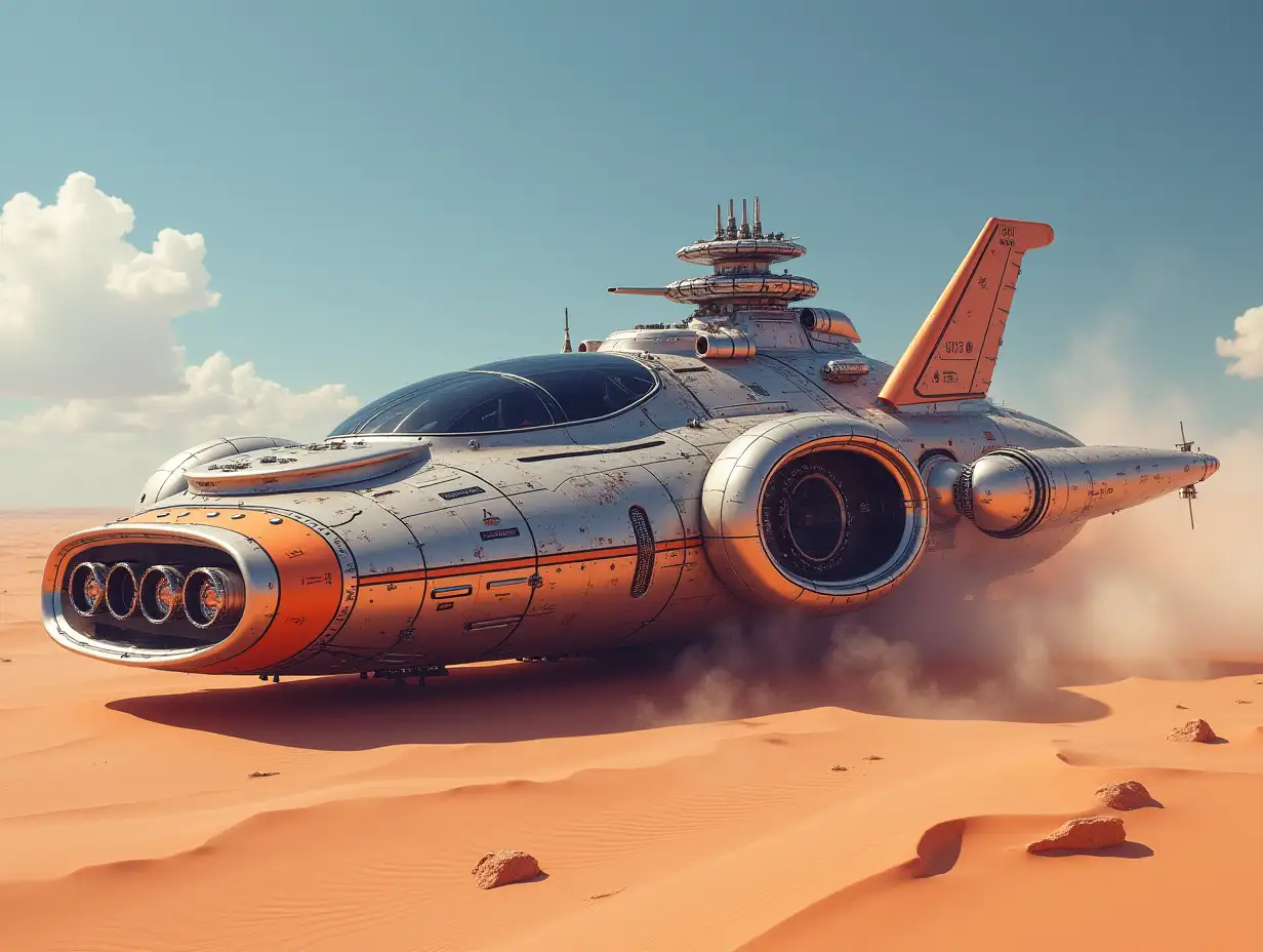 Create a high-gloss spaceship in the desert