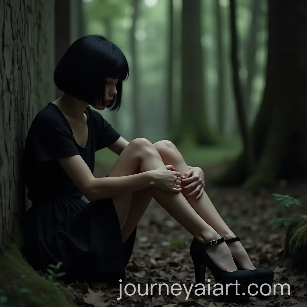 Gothic-Realistic-Girl-Sitting-in-Woods-House-with-Bobcut-Black-Hair-and-Platform-High-Heels