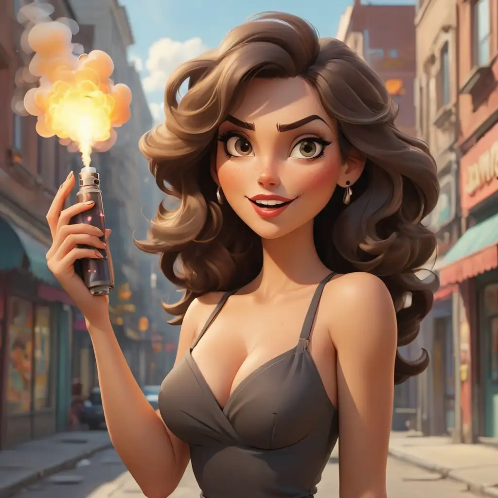 Cartoon-Sexy-Woman-Holding-Bomb-on-Bright-Street