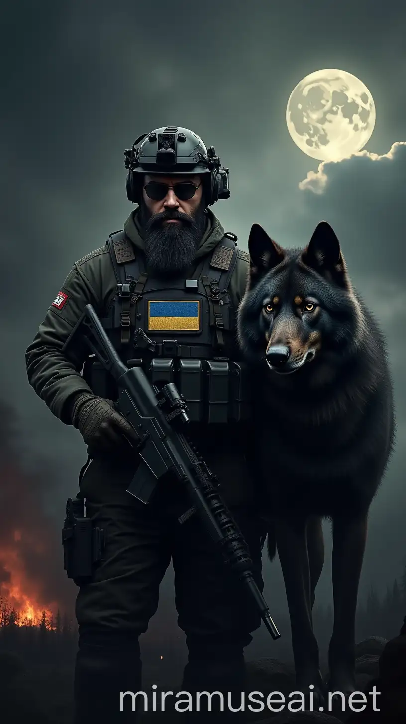 Intense Scene of a Tactical Soldier and Wolf in Dark Landscape