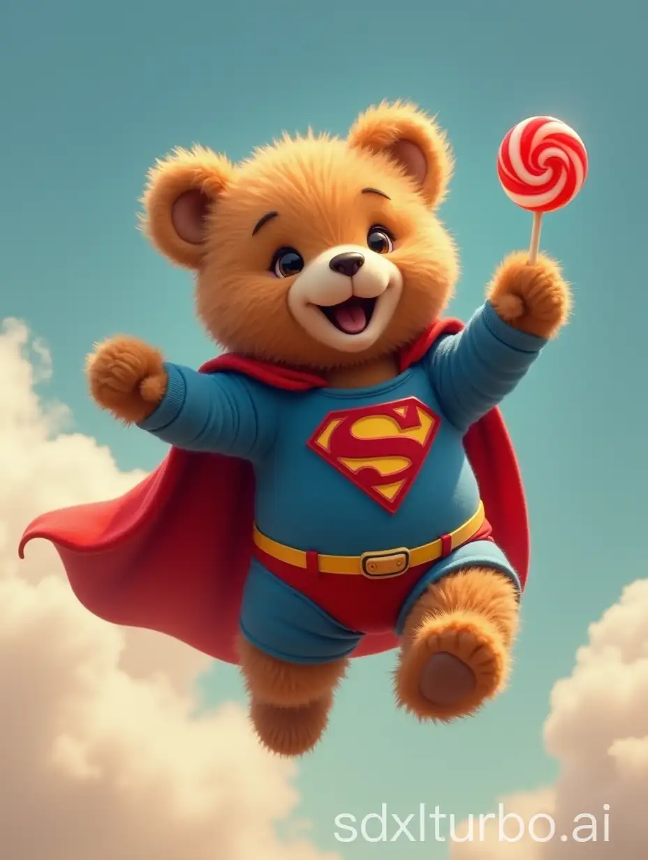 Furry-Bear-in-Superman-Costume-Flying-with-a-Lollipop