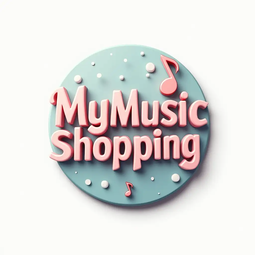 logo commercial that says MyMusicShoping, fine typography, some musical note appearing, colored in pastel tones, design in spherical and 3d shape