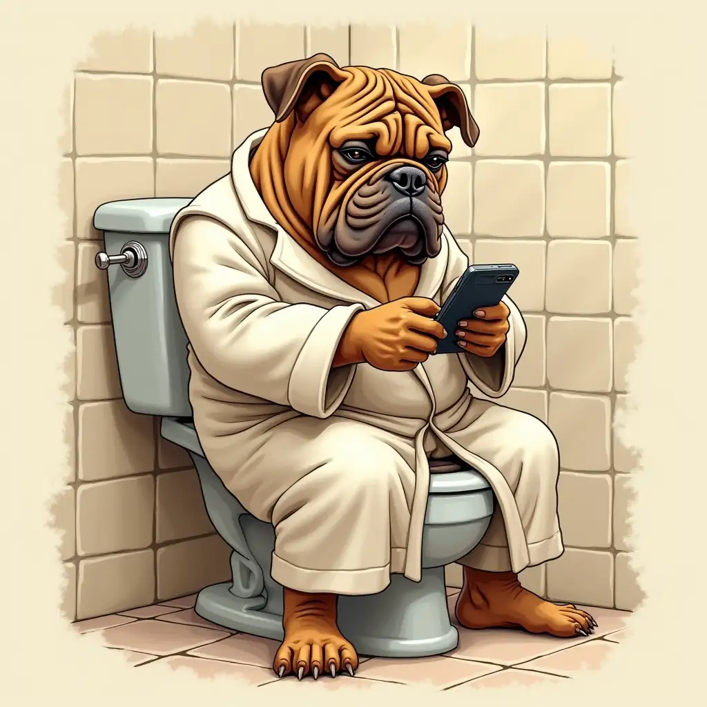 Anthropomorphic-Bulldog-in-Vintage-Bathroom-Setting-Focused-on-Smartphone