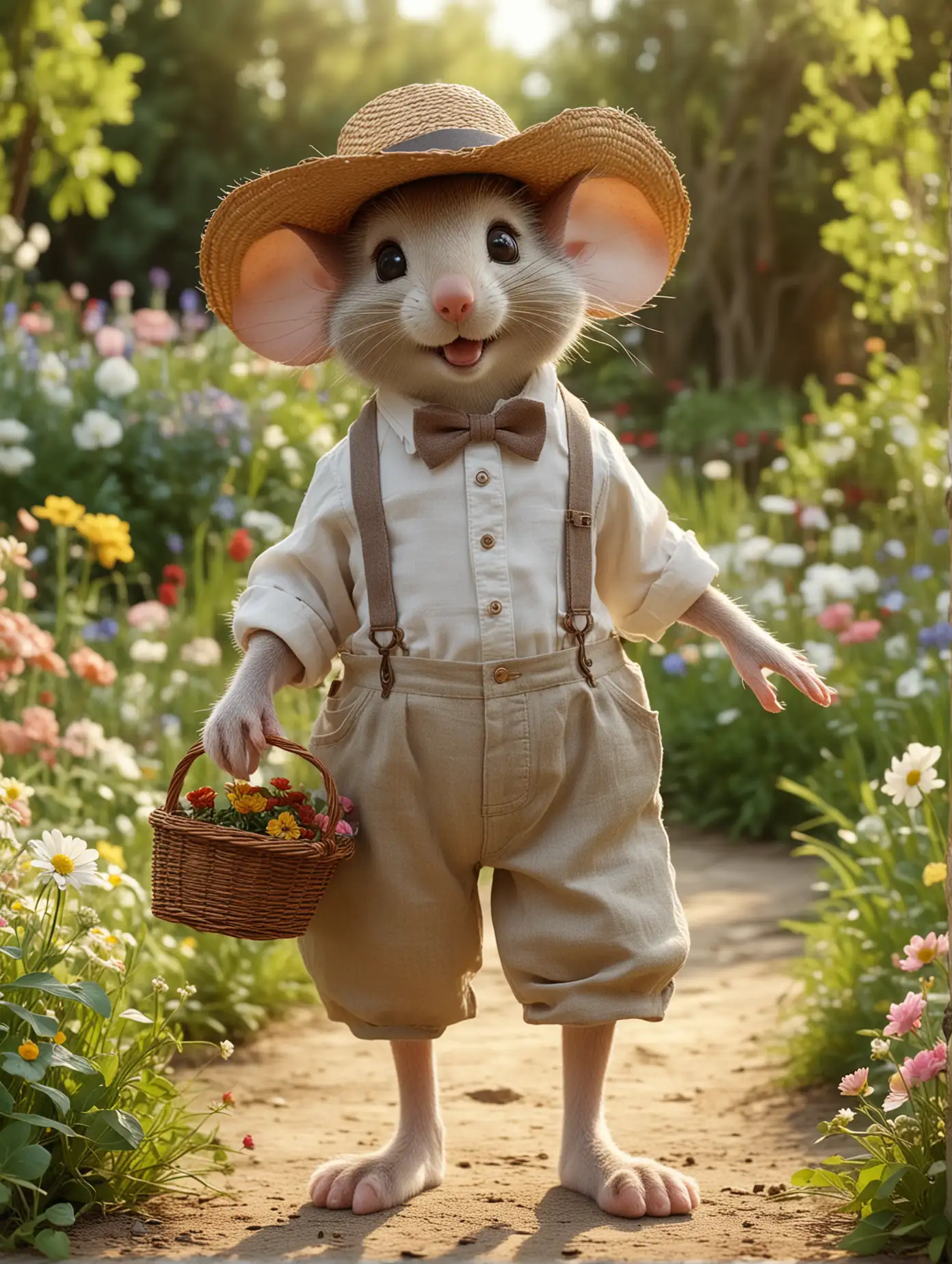 Anthropomorphic-Mouse-in-Linen-Shirt-and-Straw-Hat-with-Flower-Basket-in-Garden