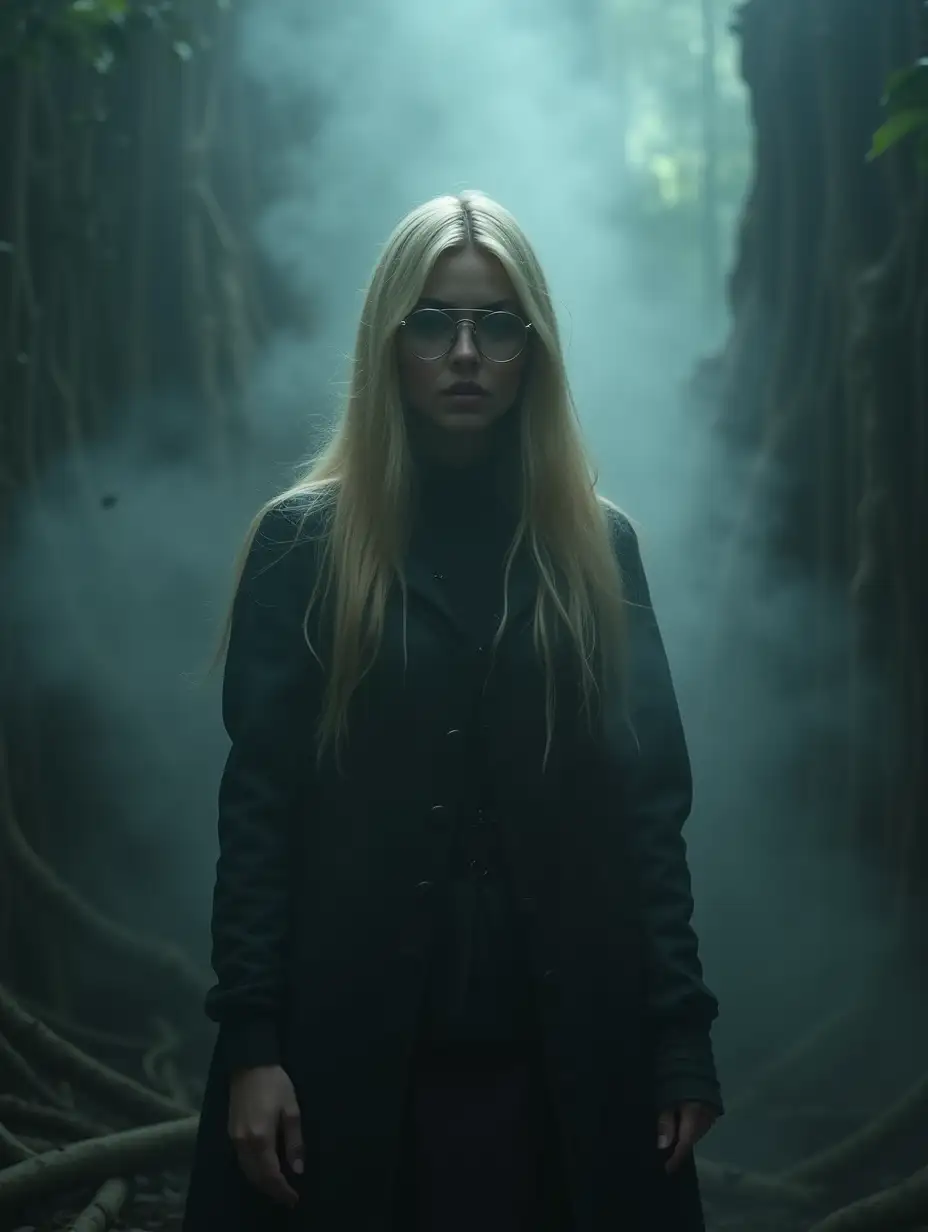 Dark fantasy art, mysticism, otherworldly atmosphere, a medium full shot of a character standing in a haze of mist, (best quality, ultra-detailed:1.3), well-formed hands, cinematic lighting, focus on a woman with long blonde hair wearing clear glasses, golden ratio elements, highly intricate and detailed fantasy style. The scene is atmospheric, featuring a moody, dark setting with smooth and sharp focus, in the style of a highly polished digital painting. Detailed rendering, inspired by concept art with an emphasis on rich textures and fantasy world-building.