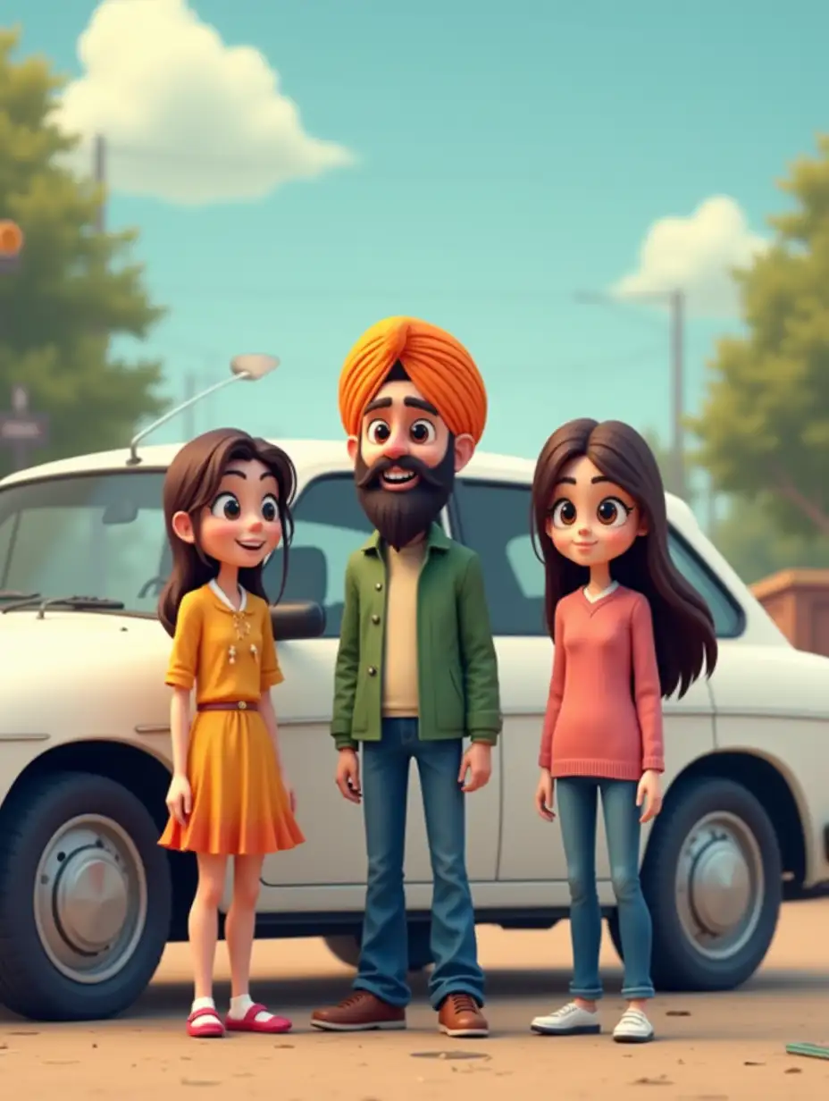 Create a animation photo in which their is 3 persons  two girls ,one is wearing mask and a sikh boy standing beside a white car