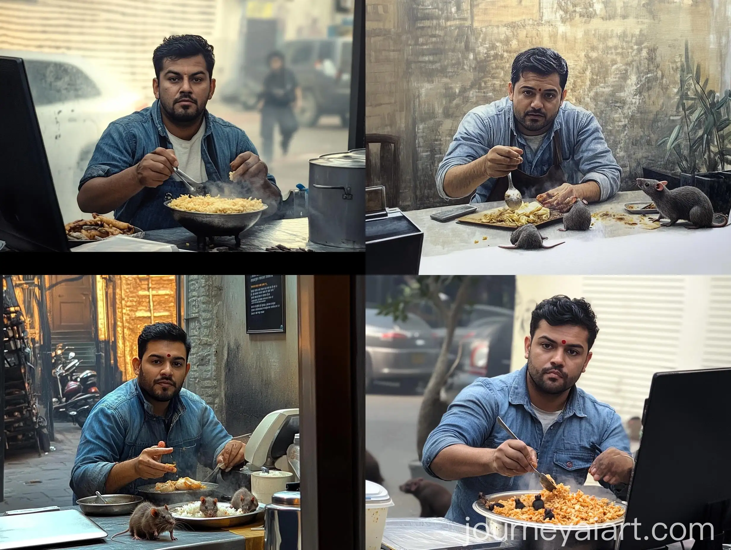 Indian-Man-Cooking-Street-Food-with-Urban-Wildlife-Scene