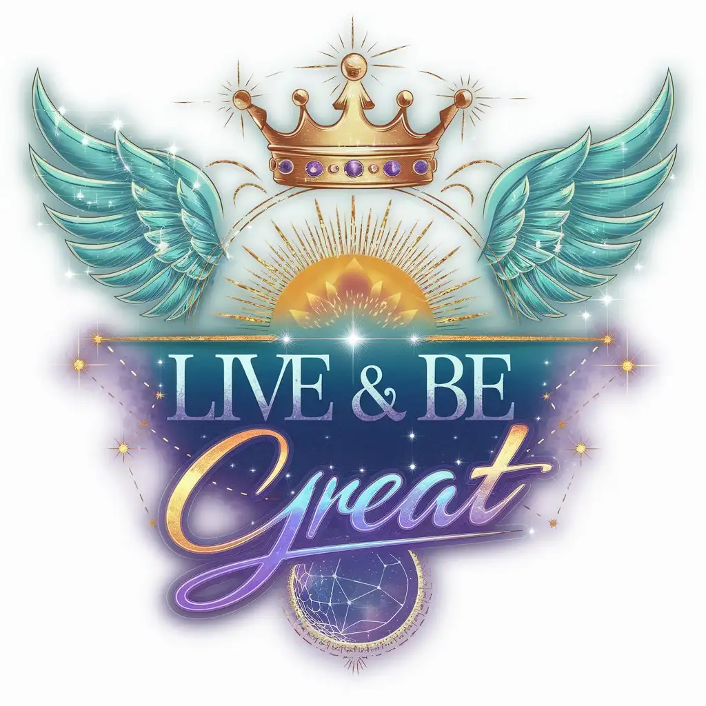 LOGO Design for Live Be Great Luxurious Celestial Crown Wings Sun Moon with Turquoise Lavender Gold Theme