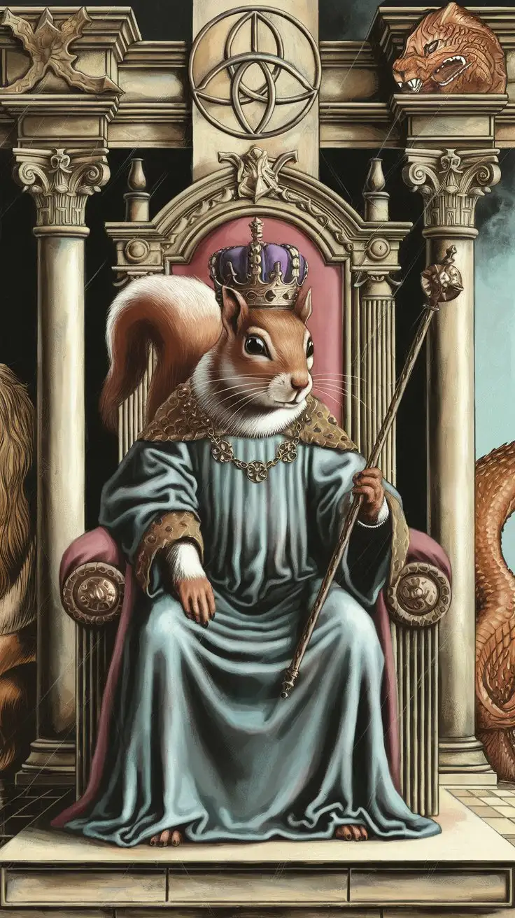 Create a tarot card for 'The Squirrel Emperor' in the style of Renaissance painting. Use a dark and moody palette to depict a strong and authoritative figure. The design should feature a central squirrel figure seated on a throne, surrounded by symbols of power and control. Incorporate a sense of grandeur and majesty through the composition, the triquetra symbol should appear prominently